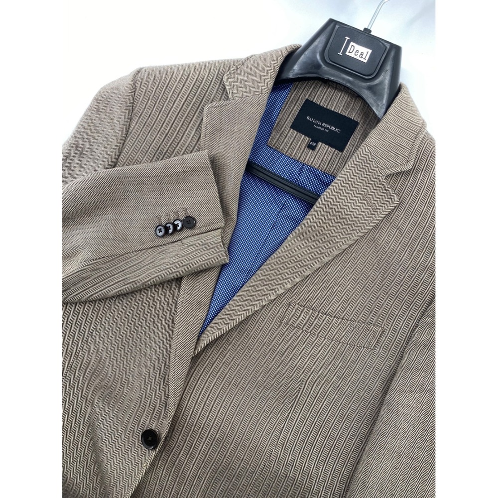 Banana Republic Tailored Fit Herringbone Blazer Tan Brown Cotton Sport Coat 40R